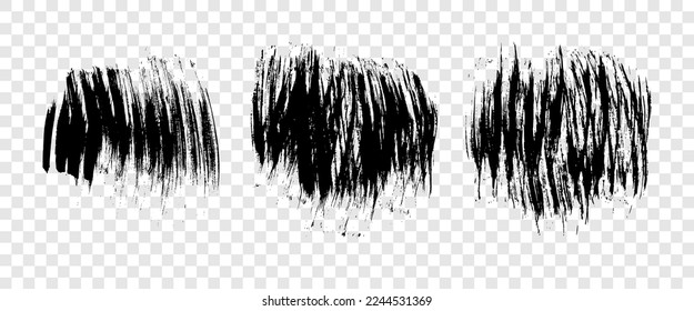 Set of three black brush strokes. Hand drawn ink spots isolated on transparent background. Vector illustration