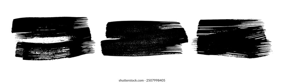 Set of three black brush strokes. Hand drawn ink spots isolated on white background. Vector illustration