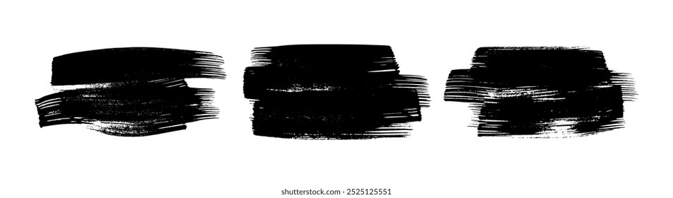 Set of three black brush strokes. Hand drawn ink spots isolated on white background. Vector illustration