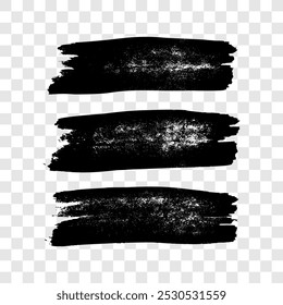 Set of three black brush strokes. Hand drawn ink spots isolated on transparent background. Vector illustration