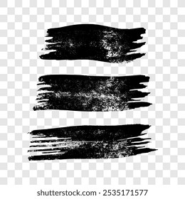 Set of three black brush strokes. Hand drawn ink spots isolated on transparent background. Vector illustration