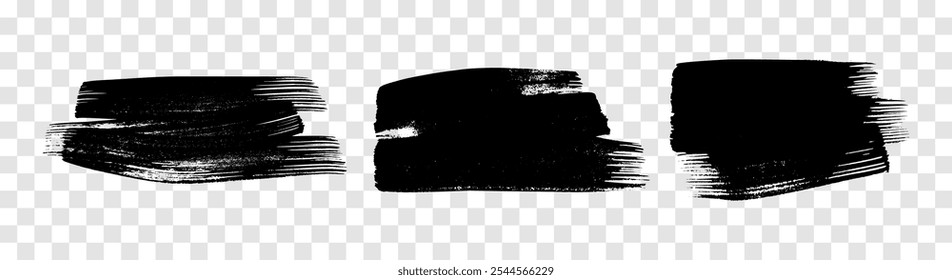 Set of three black brush strokes. Hand drawn ink spots isolated on transparent background. Vector illustration
