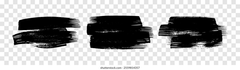 Set of three black brush strokes. Hand drawn ink spots isolated on transparent background. Vector illustration