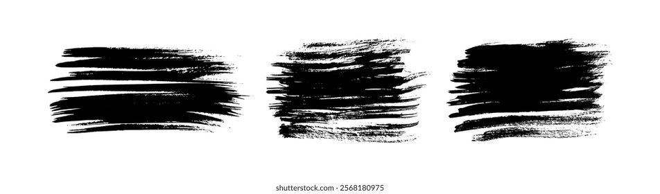 Set of three black brush strokes. Hand drawn ink spots isolated on white background. Vector illustration