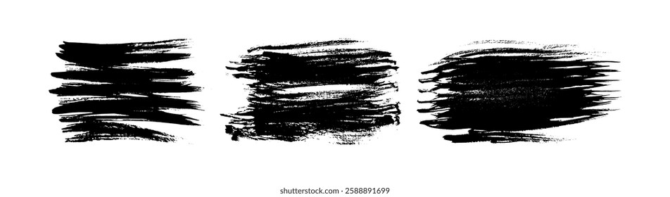 Set of three black brush strokes. Hand drawn ink spots isolated on white background. Vector illustration