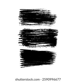 Set of three black brush strokes. Hand drawn ink spots isolated on white background. Vector illustration