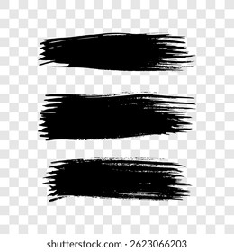 Set of three black brush strokes. Hand drawn ink spots isolated on transparent background. Vector illustration