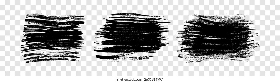 Set of three black brush strokes. Hand drawn ink spots isolated on transparent background. Vector illustration