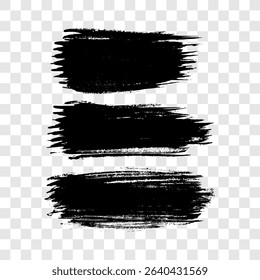 Set of three black brush strokes. Hand drawn ink spots isolated on transparent background. Vector illustration