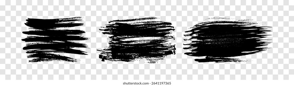 Set of three black brush strokes. Hand drawn ink spots isolated on transparent background. Vector illustration