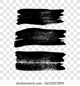 Conjunto de três pinceladas pretas. Manchas de tinta desenhadas à mão isoladas sobre fundo transparente. Ilustração vetorial