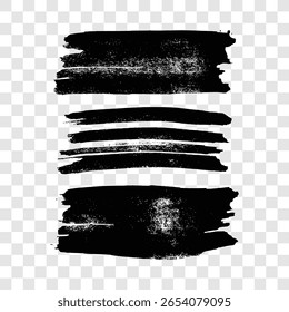 Set of three black brush strokes. Hand drawn ink spots isolated on transparent background. Vector illustration