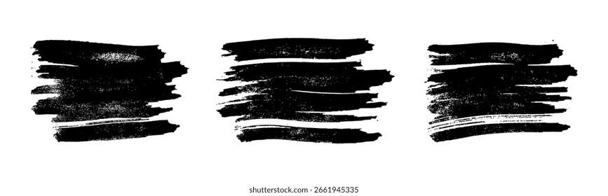 Conjunto de três pinceladas pretas. Manchas de tinta desenhadas à mão isoladas no fundo branco. Ilustração vetorial