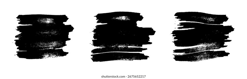 Conjunto de tres pinceladas negras. Manchas de tinta dibujadas a mano aisladas sobre fondo blanco. Ilustración vectorial