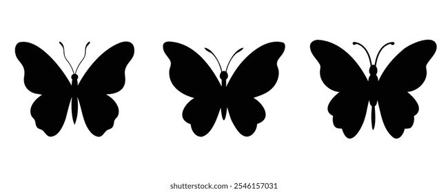 Set of three black butterfly silhouettes in a minimalist design, arranged side by side on a white background, perfect for art, patterns, or nature-inspired projects