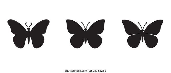 Set of three black butterfly silhouettes in different wing styles, isolated on white background. Simple vector icons perfect for design, decoration, or tattoo art