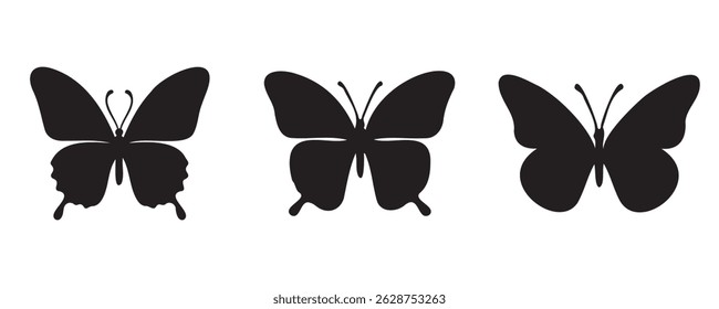 Set of three black butterfly silhouettes in different wing styles, isolated on white background. Simple vector icons perfect for design, decoration, or tattoo art