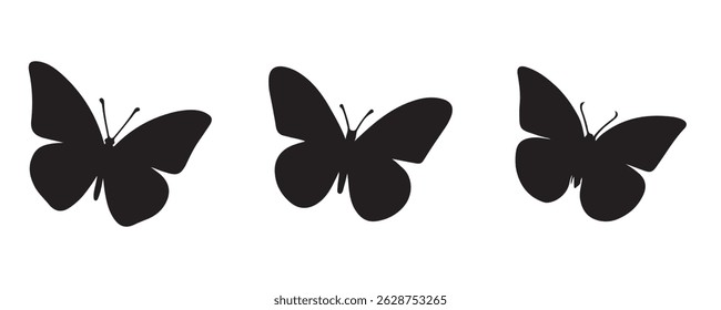 Set of three black butterfly silhouettes in different wing styles, isolated on white background. Simple vector icons perfect for design, decoration, or tattoo art