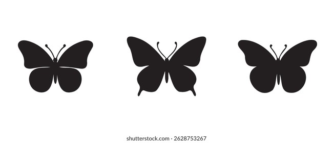Set of three black butterfly silhouettes in different wing styles, isolated on white background. Simple vector icons perfect for design, decoration, or tattoo art