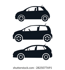 A set of three black car silhouettes depicting hatchback and sedan styles, isolated on a clean white background.