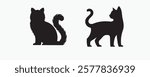 A set of three black cat silhouettes in various poses on a light gray background, perfect for design, decoration, or branding.

