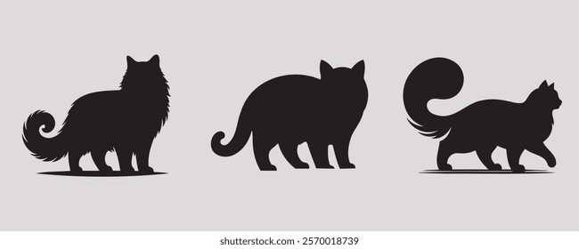 Set of three black cat silhouettes in distinct poses, featuring curled tails and a neutral gray background