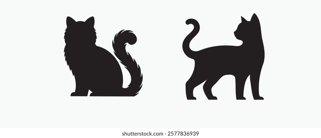 A set of three black cat silhouettes in various poses on a light gray background, perfect for design, decoration, or branding.

