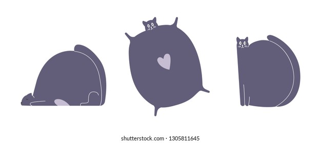 Set of three black cats in different poses: sleeping, flying, sitting. Fluffy fat cat character. Vector illustration on white background.