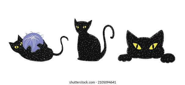 Un conjunto de tres gatos negros con una textura esponjosa.