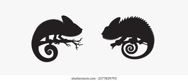 A set of three black chameleon silhouettes in different poses on a light gray background, ideal for logos, prints, and reptile-themed designs