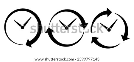 Set of three black clock icons with circular arrows, symbolizing time management, workflow, rotation, deadline, and productivity. Minimalist design for business, scheduling, and efficiency concepts.