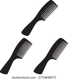Set of three black comb icons. Styling tool graphic. Hair grooming symbol. Vector art.