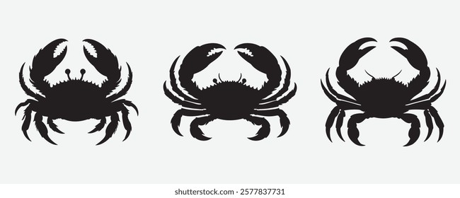 A set of three black crab silhouettes in different poses on a light gray background, ideal for logos, prints, and marine-themed designs