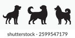 A set of three black dog silhouettes in various poses on a light gray background, ideal for design, decoration, branding, or pet-related projects