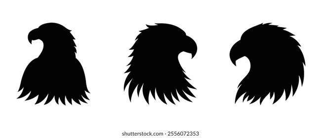  A set of three black eagle head silhouettes with distinctive feather details, arranged horizontally, on a white background. Bold and minimal vector design