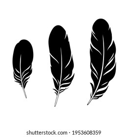 set of three black feathers silhouettes 