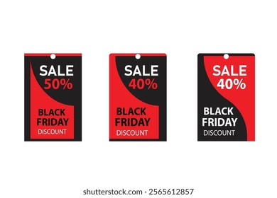 A set of three Black Friday sale tags featuring bold red and black designs with clear discount labels, perfect for promotional materials.