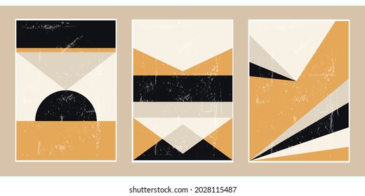 A set of three black and gold aesthetic geometric backgrounds. Minimalistic posters for social media, cover design, web, home decor. Vintage illustrations with stripes, shapes, semicircles, lines.