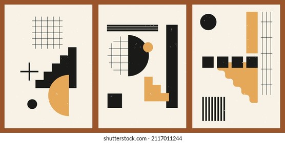 Ein Satz von drei ästhetischen, schwarzen und goldenen Hintergründen. Minimalistische Social-Media-Plakate, Cover-Designs, Web, Home-Dekor. Vintage-Illustrationen mit Formen, Kreisen, Linien, Rechtecken
