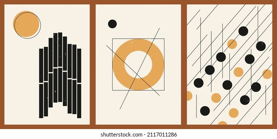 Un conjunto de tres fondos geométricos estéticos negros y dorados. Afiches minimalistas en medios sociales, diseños de portadas, web, decoración doméstica. Ilustraciones brillantes de época con formas, círculos, líneas, rectángulos