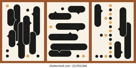 A set of three black and gold aesthetic geometric backgrounds. Minimalist social media posters, cover designs, web, home decor. Vintage bright illustrations with shapes, circles, lines, rectangles