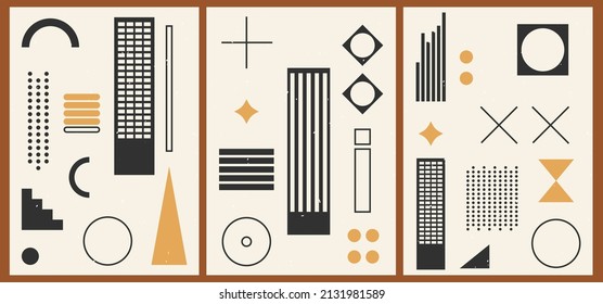 A set of three black and gold aesthetic geometric backgrounds. Minimalist social media posters, cover designs, web, home decor. Vintage bright illustrations with shapes, circles, lines, rectangles
