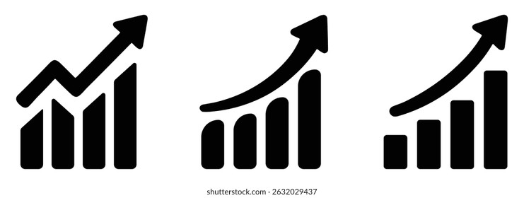 Set of three black growth chart icons with upward arrows, representing business success, financial increase, and positive statistics. Isolated on white background.