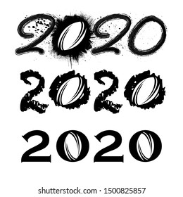 Set of three black grunge 2020 numbers with rugby balls