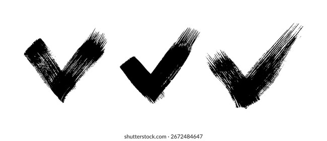 Set of three black grunge brushstrokes in the shape of a check mark. Hand-drawn painted smear on white background. Vector illustration
