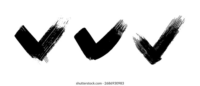 Set of three black grunge brushstrokes in the shape of a check mark. Hand-drawn painted smear on white background. Vector illustration
