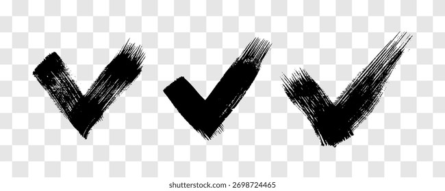 Conjunto de tres pinceladas grunge negras en forma de marca de verificación. Mano-dibujado pintado mancha sobre fondo transparente. Ilustración vectorial