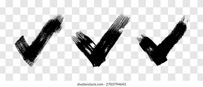 Set of three black grunge brushstrokes in the shape of a check mark. Hand-drawn painted smear on transparent background. Vector illustration