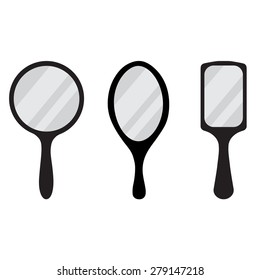 Set of three black hand mirror vector icon. Round, rectangular, ellipse hand mirrors