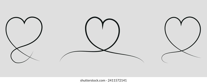 A set of three black hearts. Hand painted. Vector on a gray background